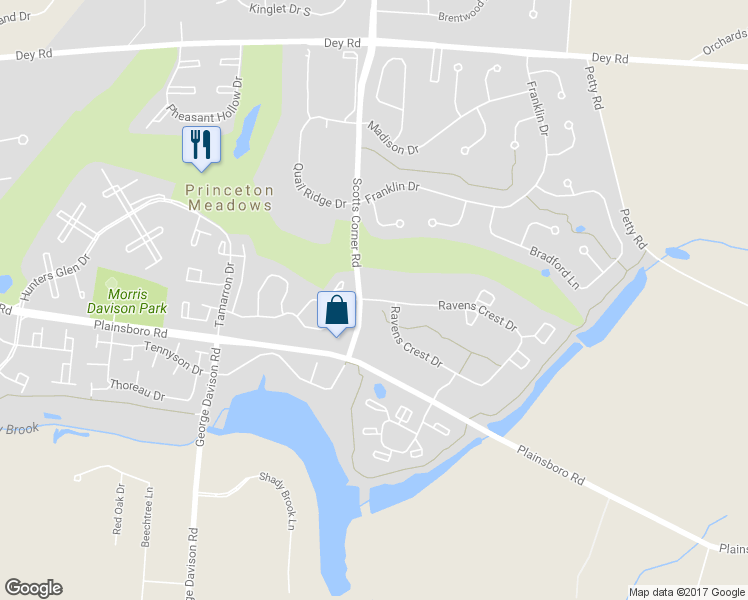 map of restaurants, bars, coffee shops, grocery stores, and more near 153 Ravens Crest Drive in Princeton Meadows