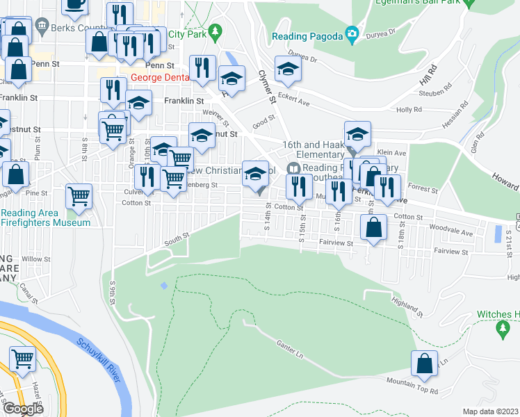map of restaurants, bars, coffee shops, grocery stores, and more near 1342 Cotton Street in Reading