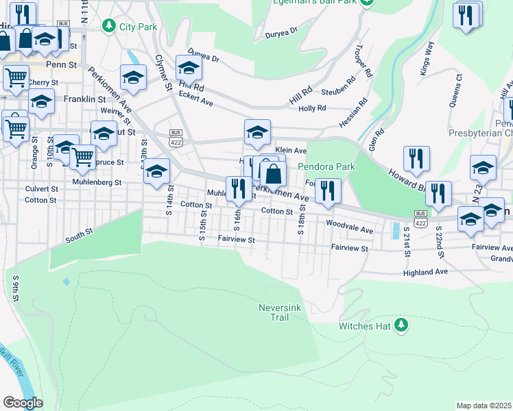 map of restaurants, bars, coffee shops, grocery stores, and more near 1613 Muhlenberg Street in Reading