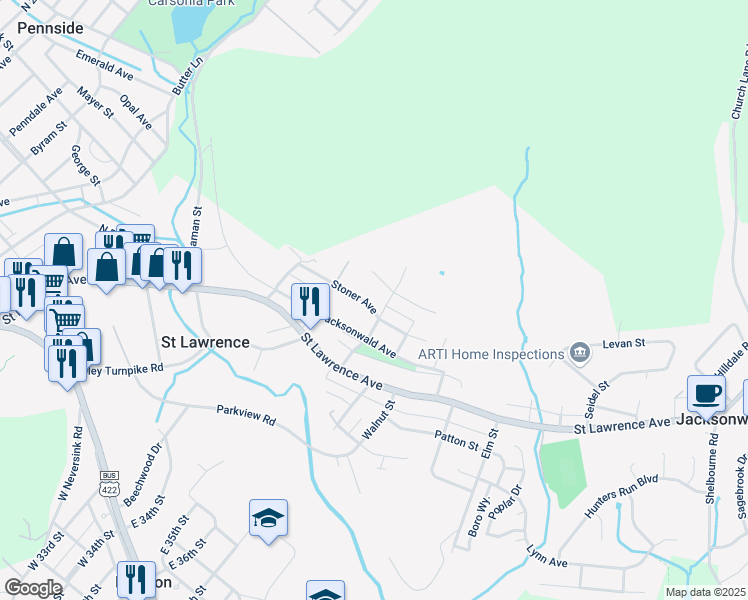 map of restaurants, bars, coffee shops, grocery stores, and more near 3447 Stoner Avenue in Reading