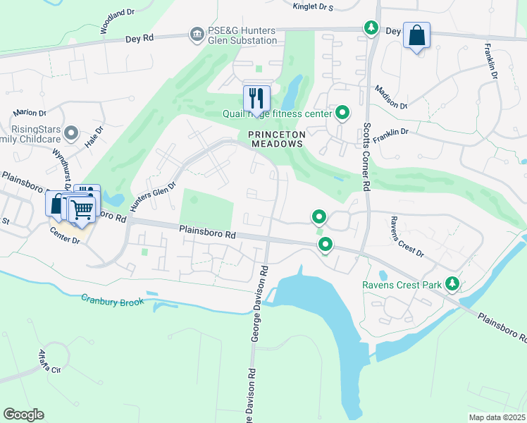 map of restaurants, bars, coffee shops, grocery stores, and more near 7110 Tamarron Drive in Princeton Meadows