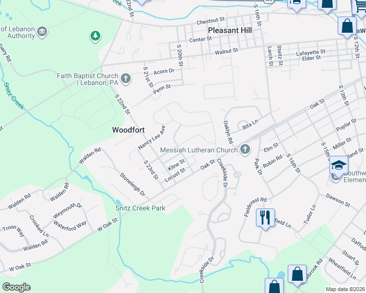 map of restaurants, bars, coffee shops, grocery stores, and more near 2043 Ranch Avenue in Lebanon