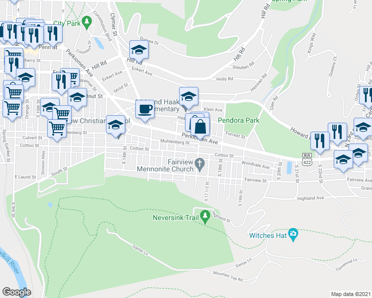 map of restaurants, bars, coffee shops, grocery stores, and more near 1613 Muhlenberg Street in Reading
