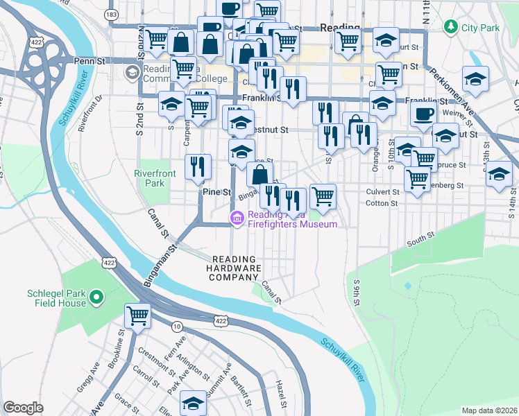 map of restaurants, bars, coffee shops, grocery stores, and more near 524 Bingaman Street in Reading