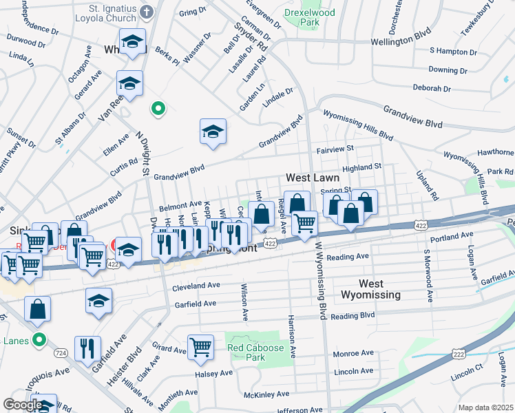 map of restaurants, bars, coffee shops, grocery stores, and more near 116 Intervilla Avenue in West Lawn