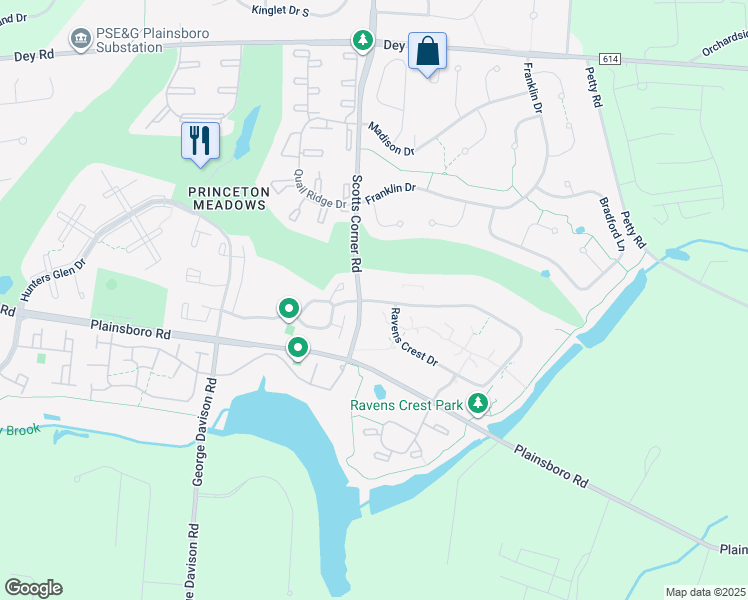 map of restaurants, bars, coffee shops, grocery stores, and more near 208 Ravens Crest Drive in Plainsboro Township