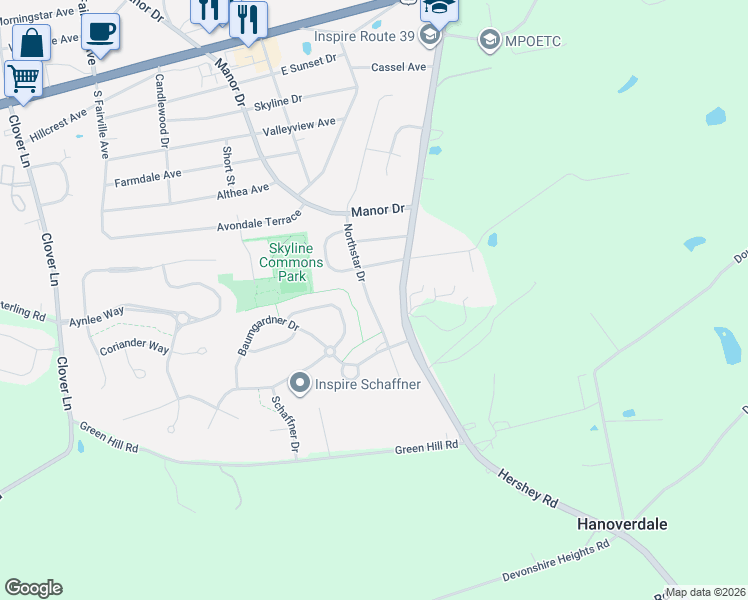 map of restaurants, bars, coffee shops, grocery stores, and more near 411 Northstar Drive in Harrisburg