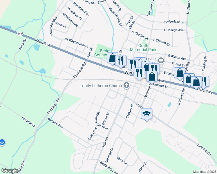 map of restaurants, bars, coffee shops, grocery stores, and more near 122 North Rosewood Court in Wernersville