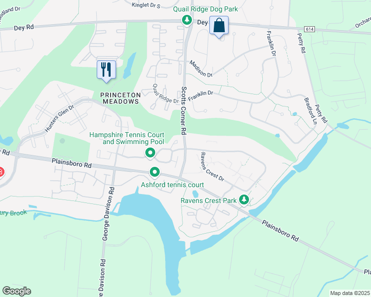 map of restaurants, bars, coffee shops, grocery stores, and more near Scotts Corner Road & Ravens Crest Drive in Plainsboro Township