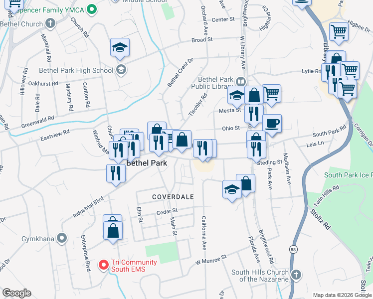 map of restaurants, bars, coffee shops, grocery stores, and more near 2790 Bertha Street in Bethel Park