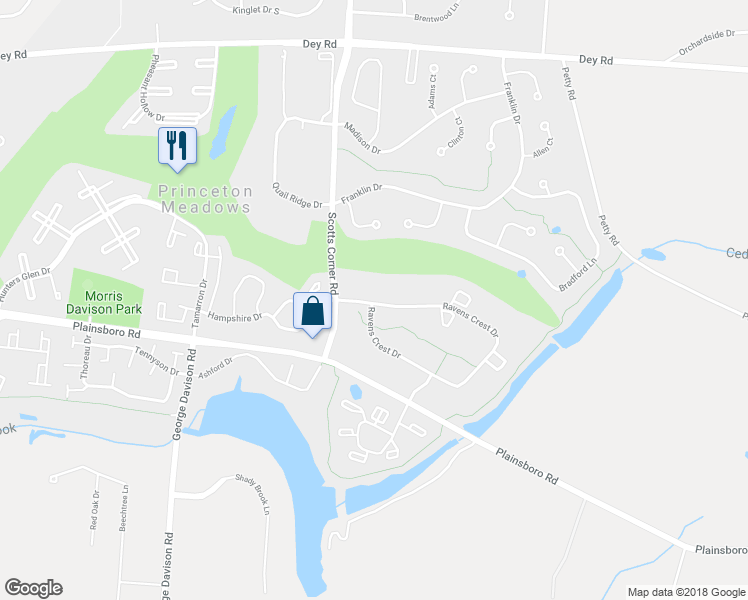 map of restaurants, bars, coffee shops, grocery stores, and more near 2458 Ravens Crest Drive in Plainsboro Township
