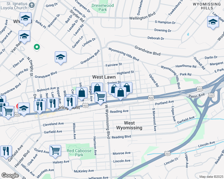 map of restaurants, bars, coffee shops, grocery stores, and more near 2222 Spring Street in West Lawn