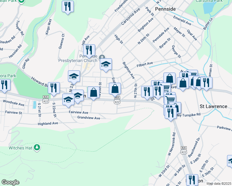 map of restaurants, bars, coffee shops, grocery stores, and more near 24 Endlich Avenue in Mount Penn