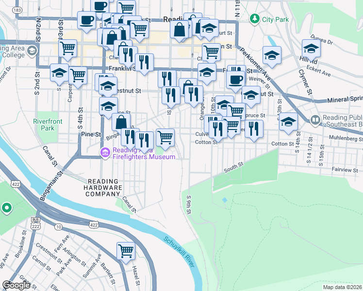 map of restaurants, bars, coffee shops, grocery stores, and more near 431 Spring Garden Street in Reading