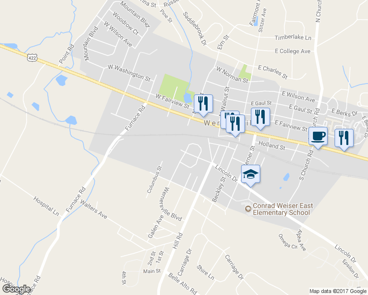 map of restaurants, bars, coffee shops, grocery stores, and more near 122 North Rosewood Court in Wernersville