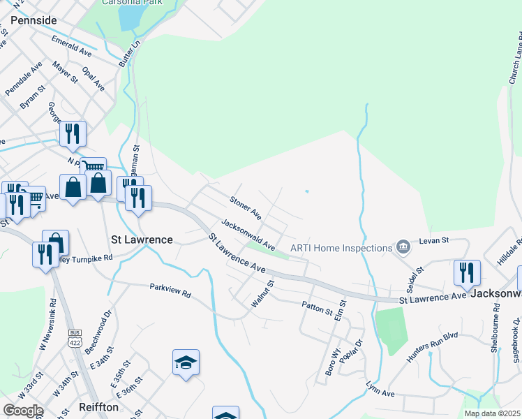 map of restaurants, bars, coffee shops, grocery stores, and more near 3447 Stoner Avenue in Reading