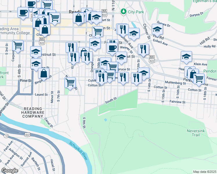map of restaurants, bars, coffee shops, grocery stores, and more near 1042 Cotton Street in Reading