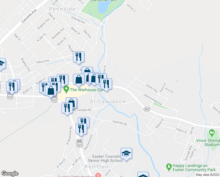map of restaurants, bars, coffee shops, grocery stores, and more near 3210 Saint Lawrence Avenue in Reading