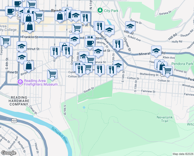 map of restaurants, bars, coffee shops, grocery stores, and more near 421 Wunder Street in Reading