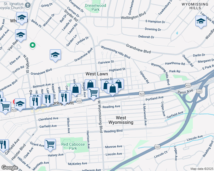 map of restaurants, bars, coffee shops, grocery stores, and more near 2222 Spring Street in West Lawn