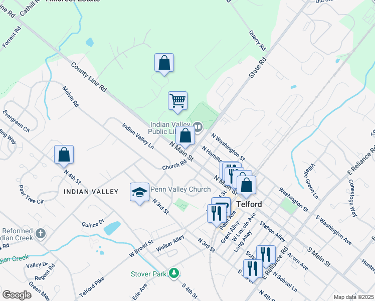 map of restaurants, bars, coffee shops, grocery stores, and more near 401 North Main Street in Telford