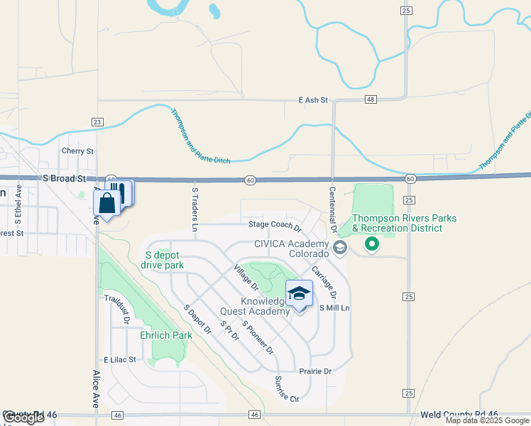 map of restaurants, bars, coffee shops, grocery stores, and more near 2421 Stage Coach Drive in Milliken
