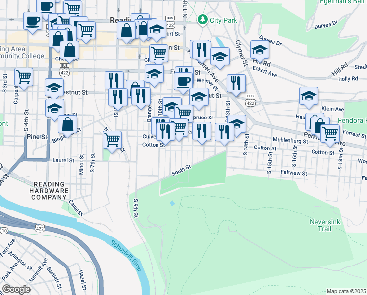 map of restaurants, bars, coffee shops, grocery stores, and more near 1102 Cotton Street in Reading