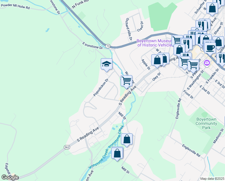 map of restaurants, bars, coffee shops, grocery stores, and more near 14 Sunrise Drive in Boyertown