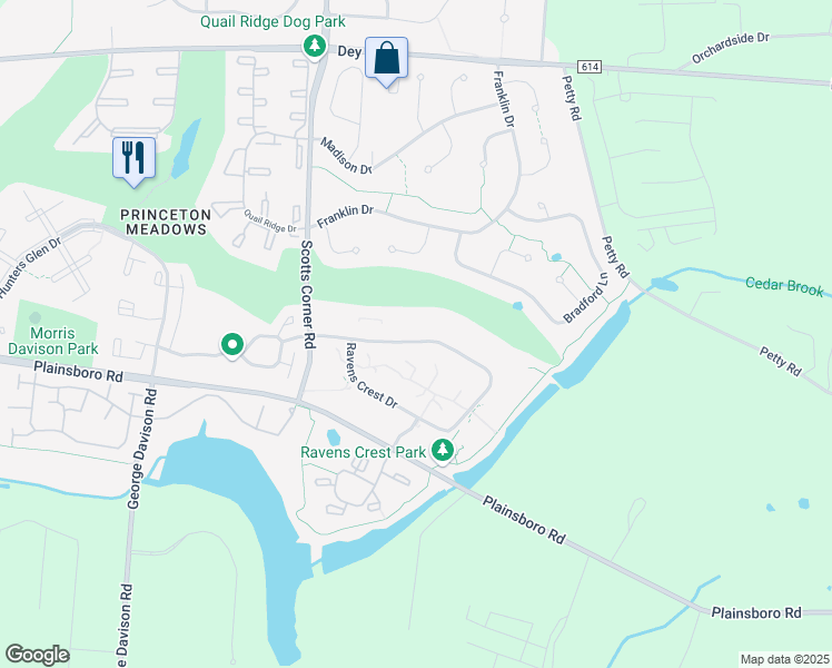 map of restaurants, bars, coffee shops, grocery stores, and more near 2740 Ravens Crest Drive in Plainsboro Township