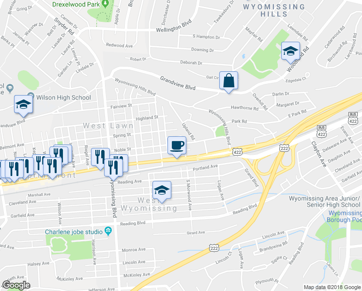 map of restaurants, bars, coffee shops, grocery stores, and more near 20 North Morwood Avenue in Reading
