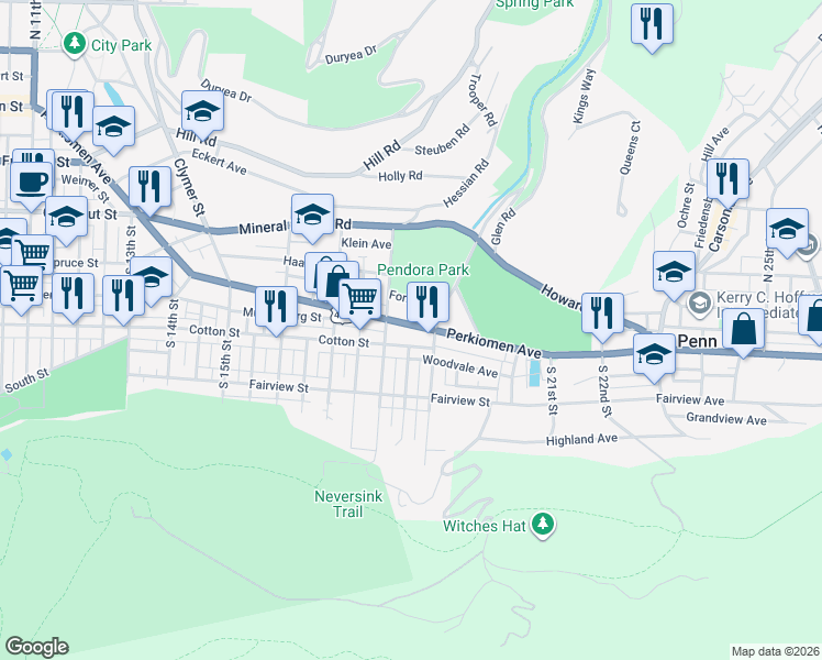 map of restaurants, bars, coffee shops, grocery stores, and more near 1823 Perkiomen Avenue in Reading