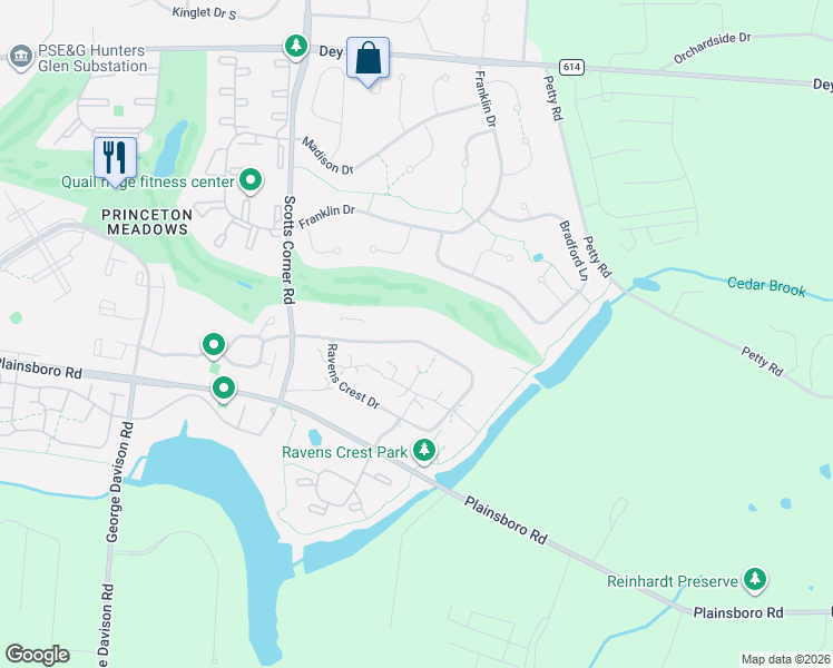 map of restaurants, bars, coffee shops, grocery stores, and more near 2303 Ravens Crest Drive in Princeton Meadows
