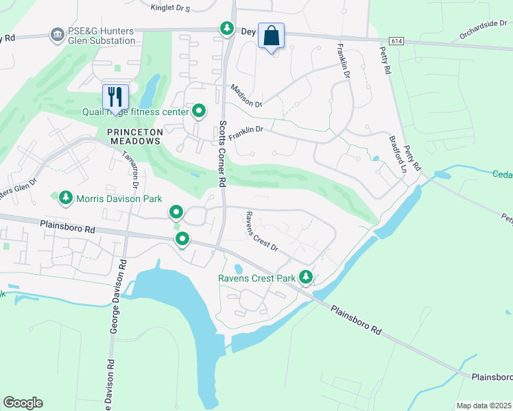 map of restaurants, bars, coffee shops, grocery stores, and more near 3303 Ravens Crest Drive in Plainsboro Township