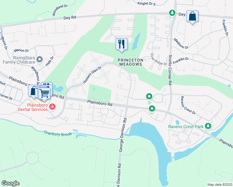 map of restaurants, bars, coffee shops, grocery stores, and more near 7803 Tamarron Drive in Princeton Meadows