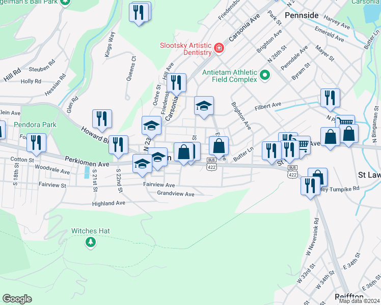 map of restaurants, bars, coffee shops, grocery stores, and more near 2450 Cumberland Avenue in Mount Penn