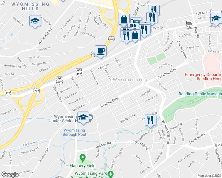 map of restaurants, bars, coffee shops, grocery stores, and more near 1336 Cleveland Avenue in Wyomissing