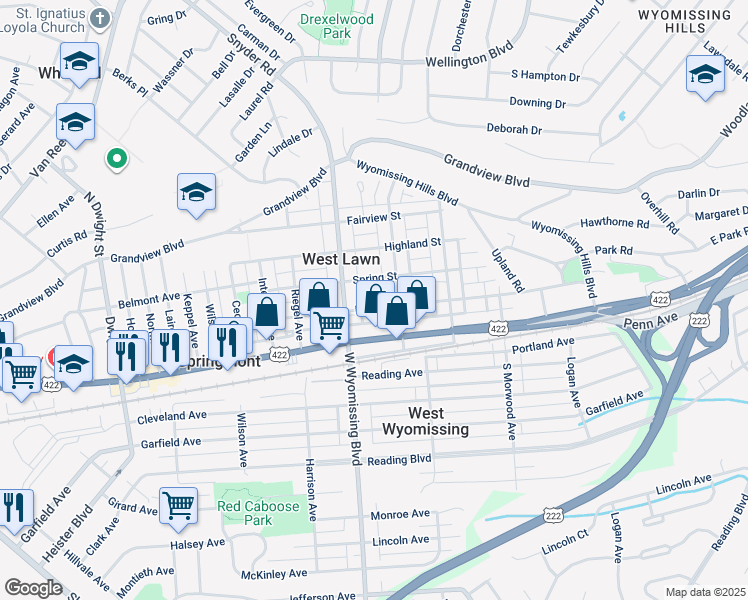 map of restaurants, bars, coffee shops, grocery stores, and more near 2222 Spring Street in West Lawn