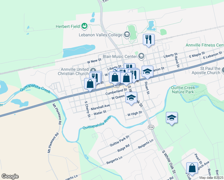 map of restaurants, bars, coffee shops, grocery stores, and more near 125 West Main Street in Annville