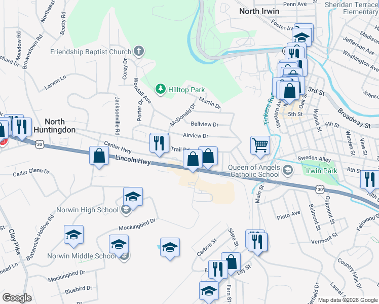 map of restaurants, bars, coffee shops, grocery stores, and more near 10721 Old Trail Road in Irwin