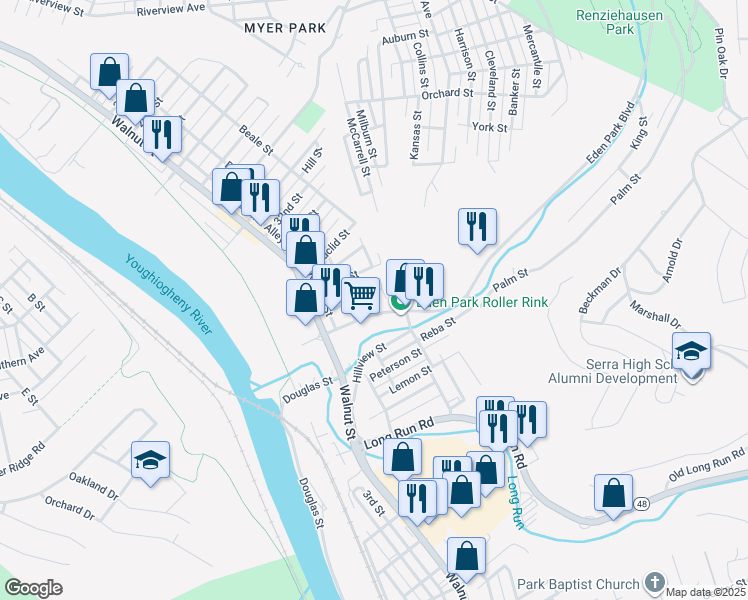 map of restaurants, bars, coffee shops, grocery stores, and more near 3517 Beale Street in McKeesport
