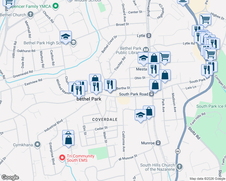 map of restaurants, bars, coffee shops, grocery stores, and more near 2790 Bertha Street in Bethel Park
