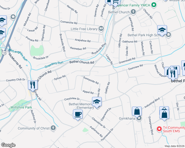 map of restaurants, bars, coffee shops, grocery stores, and more near 102 Woodford Road in Bethel Park
