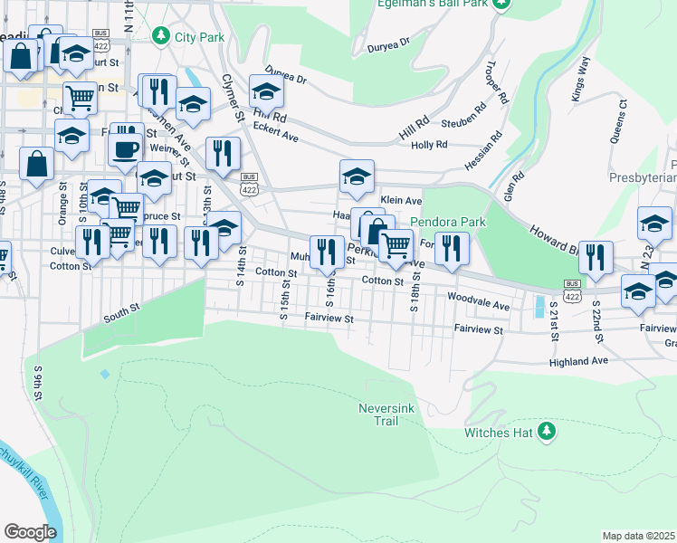 map of restaurants, bars, coffee shops, grocery stores, and more near 1613 Muhlenberg Street in Reading