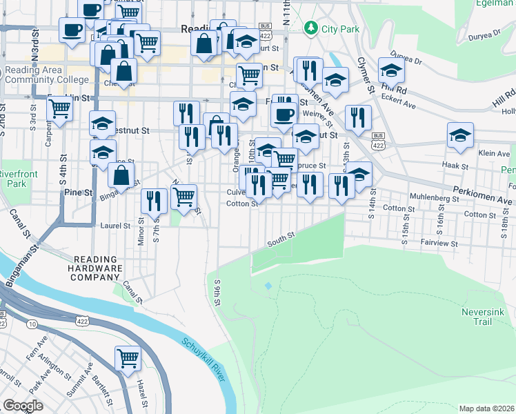 map of restaurants, bars, coffee shops, grocery stores, and more near 421 South 10th Street in Reading