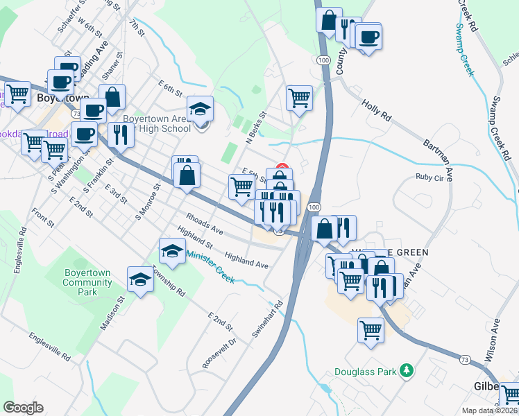 map of restaurants, bars, coffee shops, grocery stores, and more near 739 East 4th Street in Boyertown