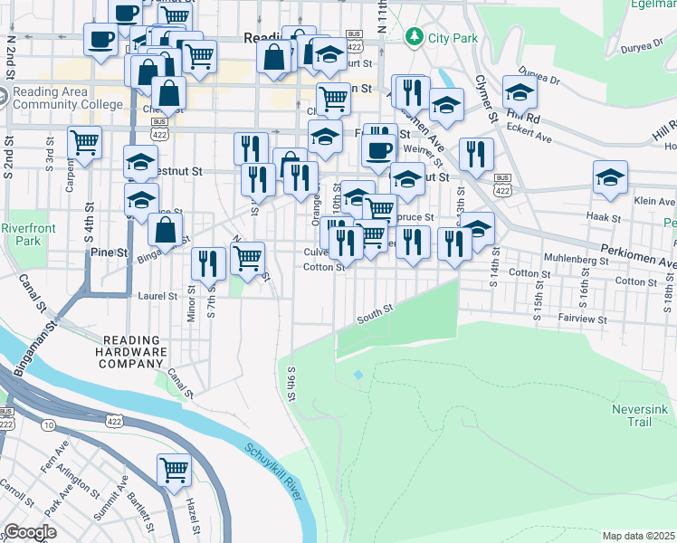 map of restaurants, bars, coffee shops, grocery stores, and more near 421 South 10th Street in Reading