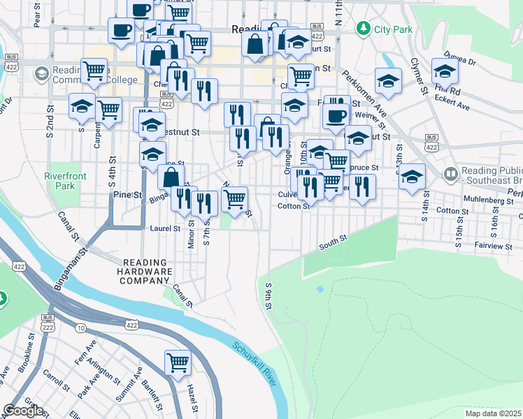map of restaurants, bars, coffee shops, grocery stores, and more near 431 Spring Garden Street in Reading