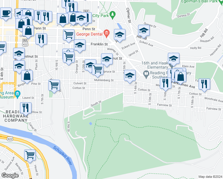 map of restaurants, bars, coffee shops, grocery stores, and more near 501 South 12th Street in Reading