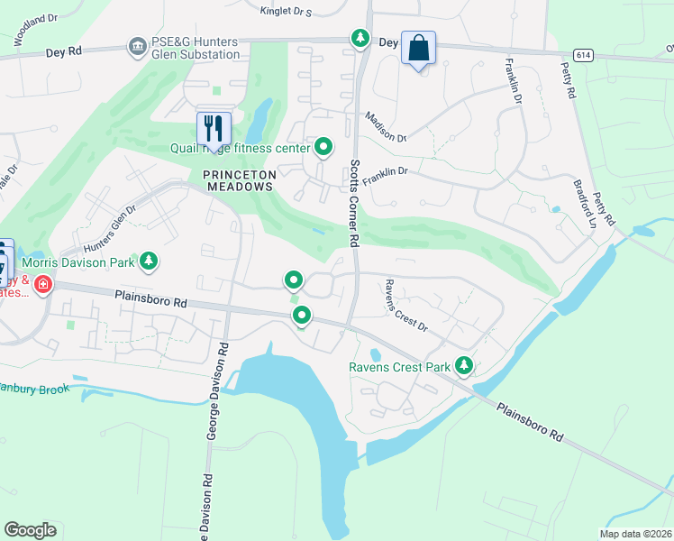 map of restaurants, bars, coffee shops, grocery stores, and more near 93 Hampshire Drive in Princeton Meadows
