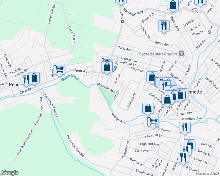 map of restaurants, bars, coffee shops, grocery stores, and more near 118 13th Street in Jeannette